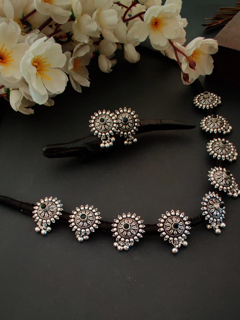 Binni's Wardrobe Oxidized Black Silver-Plated Sunflower Stone Jewellery Set