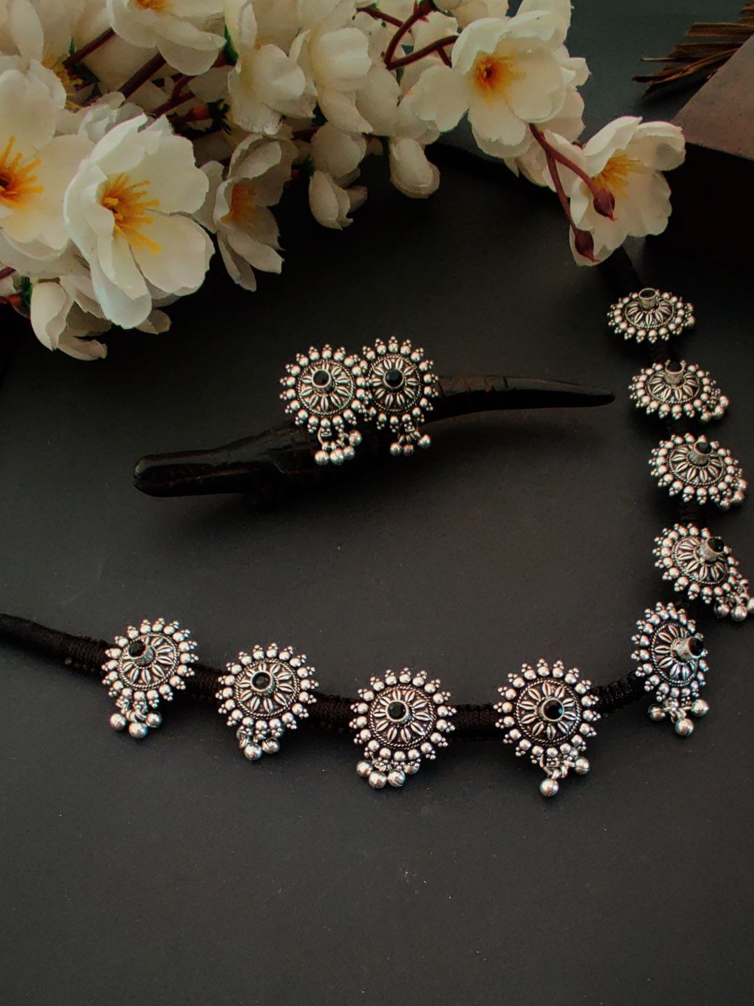 Binni's Wardrobe Oxidized Black Silver-Plated Sunflower Stone Jewellery Set