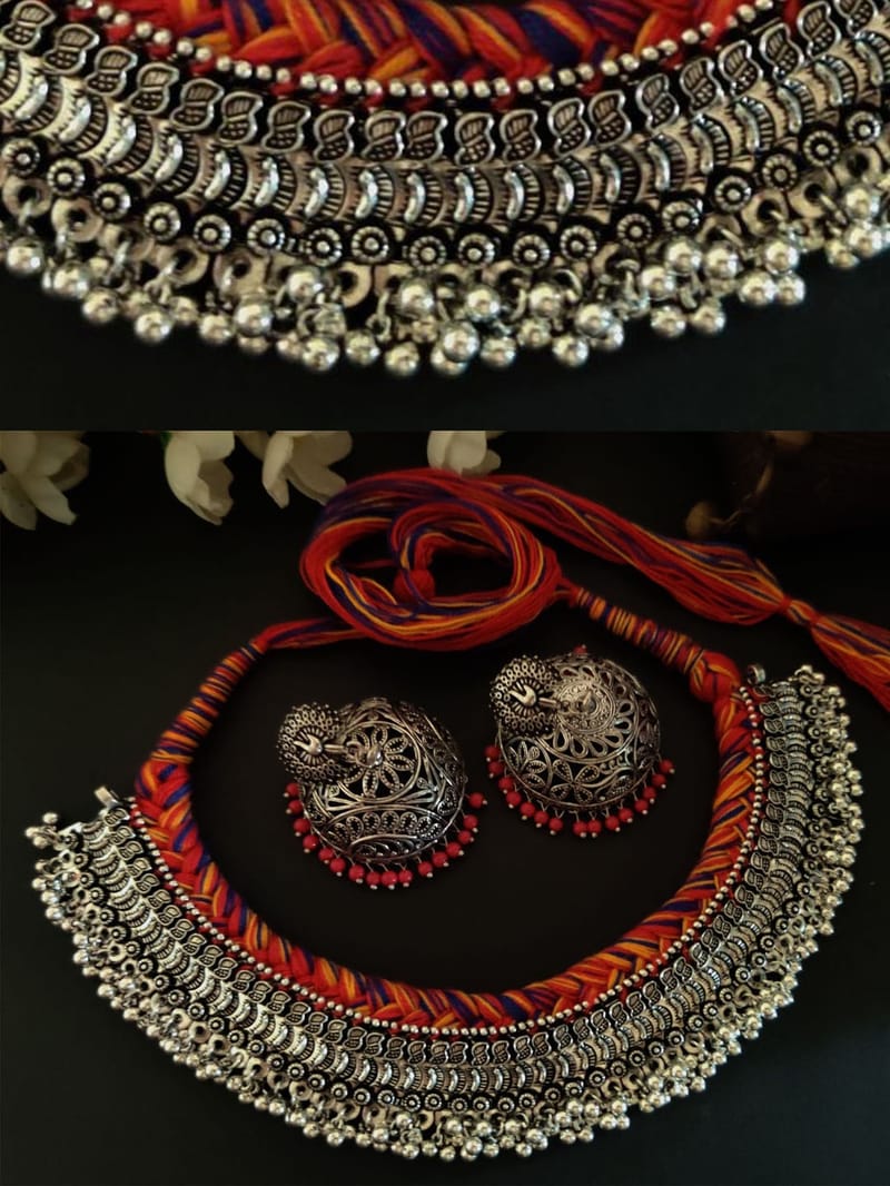 Binni's Wardrobe Set of Silver-Toned  Red German Silver Choker Necklace  Earrings