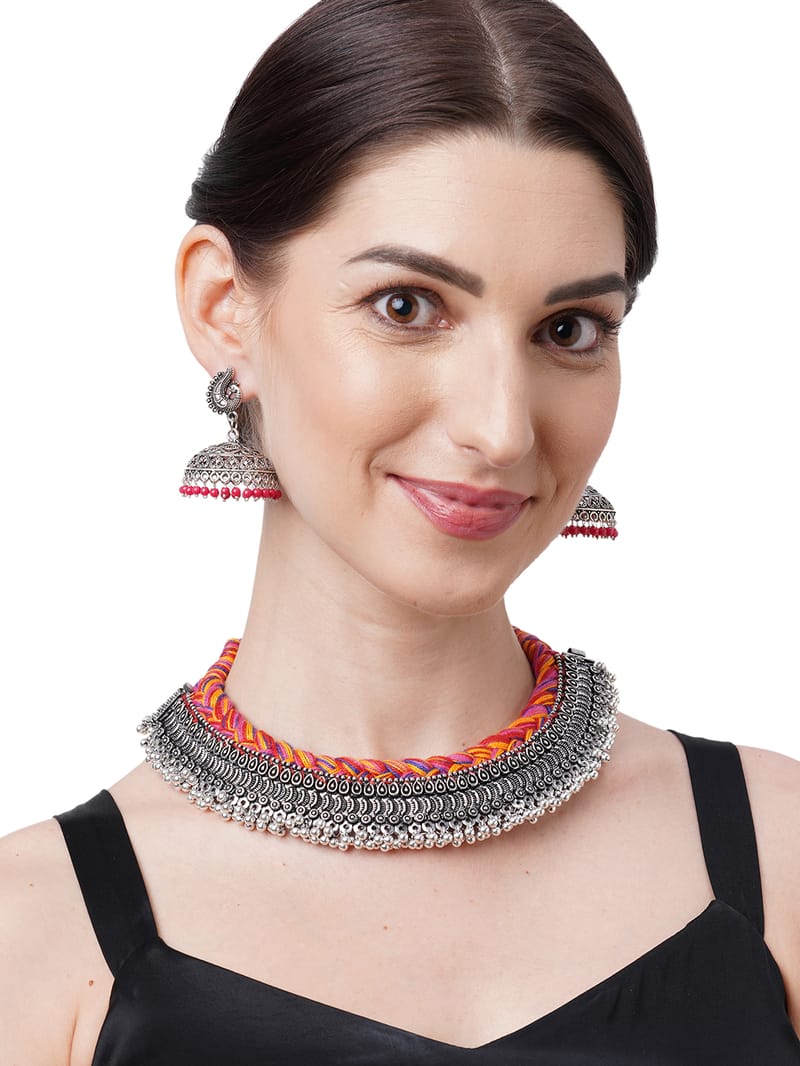 Binni's Wardrobe Set of Silver-Toned  Red German Silver Choker Necklace  Earrings