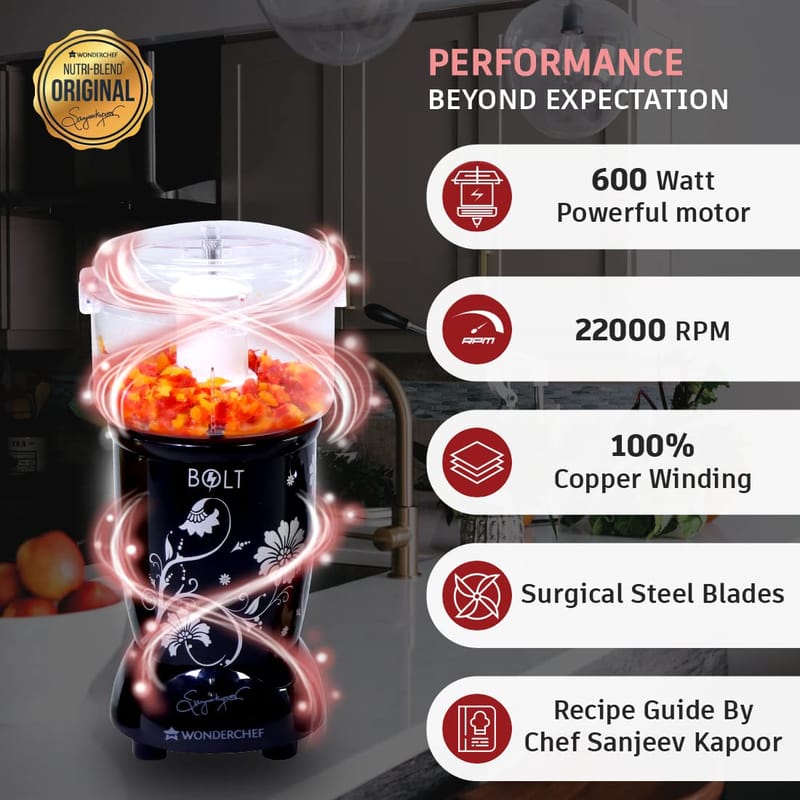 Wonderchef Nutri-blend BOLT-600W CKM Mixer with Chopper, Stronger & Swifter with Sipper Lid, 22000RPM, 4 Unbreakable Jars, Sharper Steel Blades