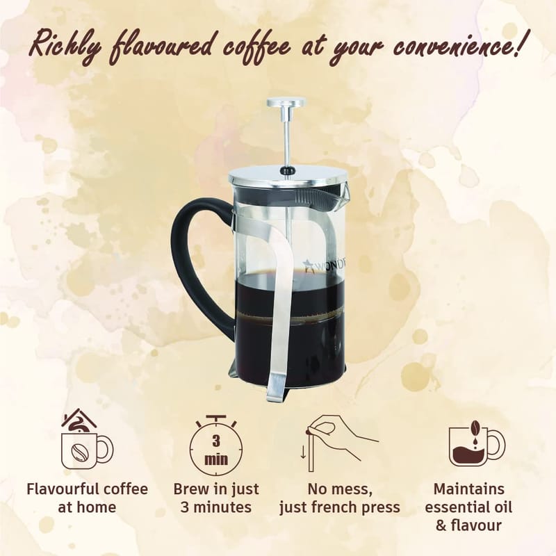 Wonderchef Regalia French Press Coffee Maker | Brews in just 3 minutes | 600ml | With heat-resistant German Borosilicate Glass Carafe | 1 Year Warranty