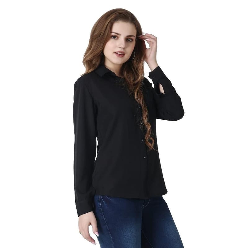 LACE IT�Women Solid Spread Collar Casual Shirt(Black)