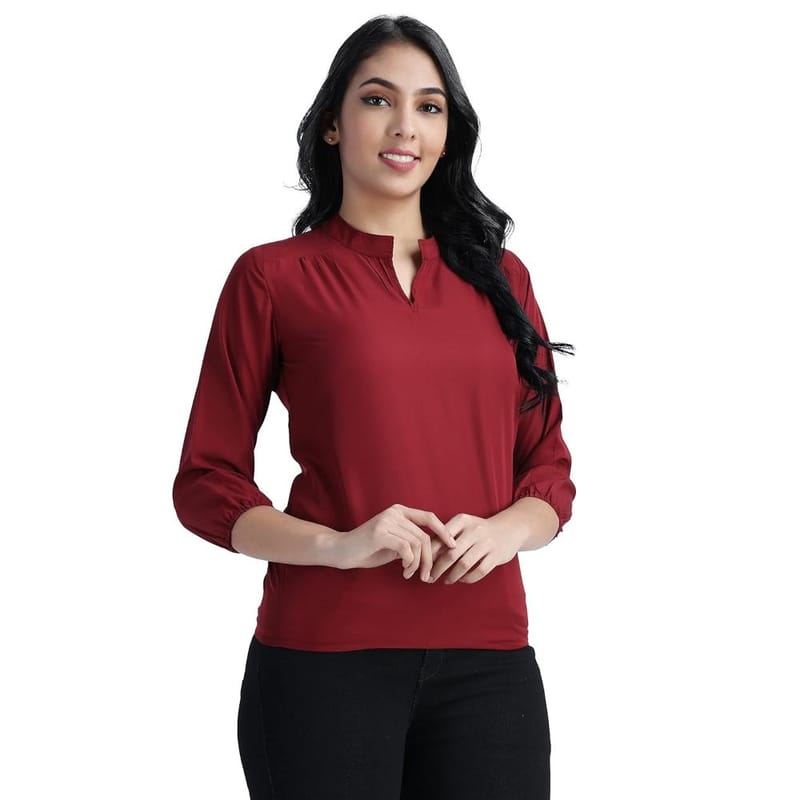 LACEIT Women Mandarin Collor and  3/4 Sleeve  Top(Maroon)