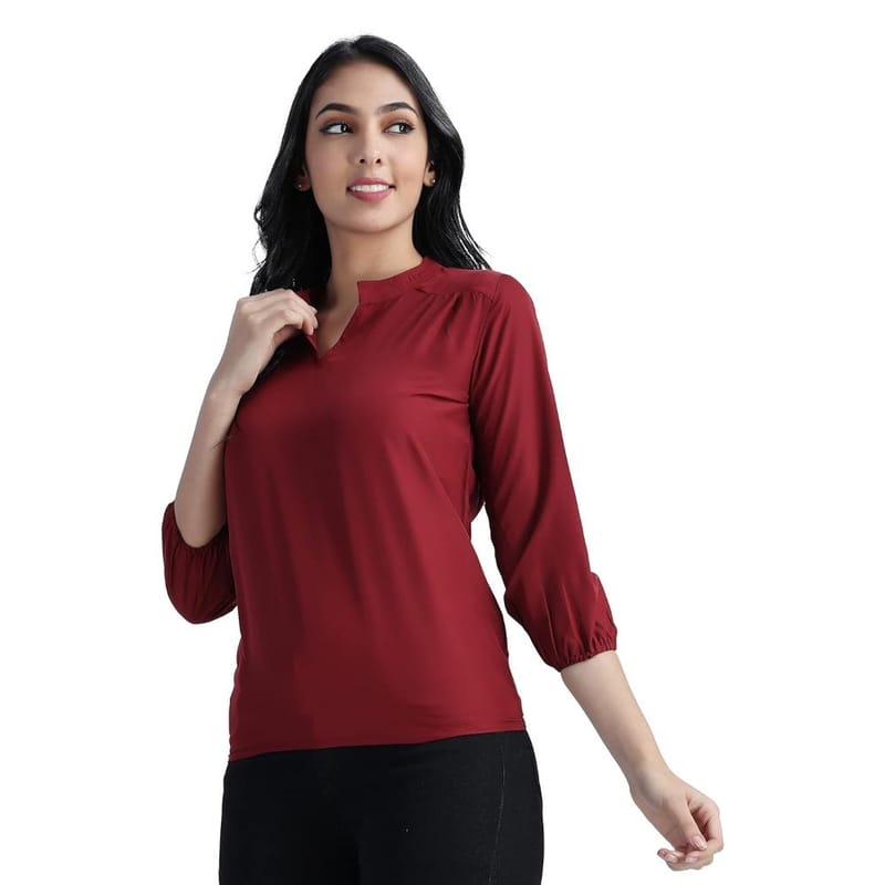 LACEIT Women Mandarin Collor and  3/4 Sleeve  Top(Maroon)