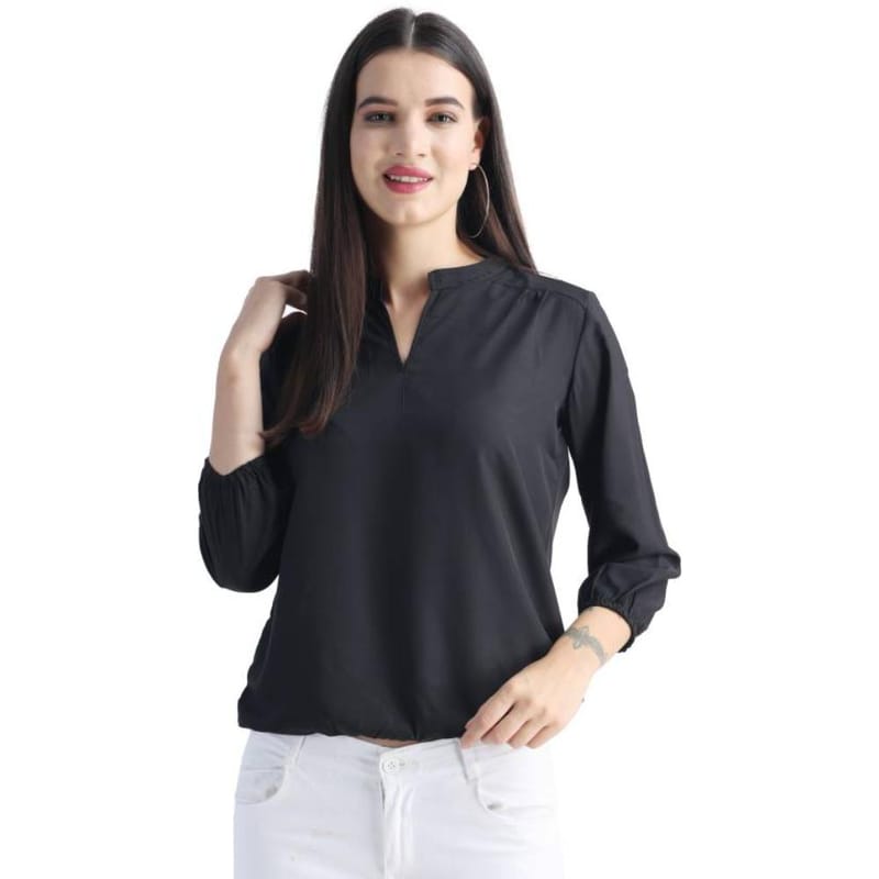 LACEIT Women Black Mandarin Collor and  3/4 Sleeve  Top