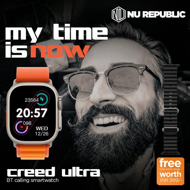 Nu Republic Creed Ultra Smartwatch with 2.0" HD IPS Display, BT Calling, Health Monitor & AI Voice Assistant with One Extra Strap (Silver/Orange)