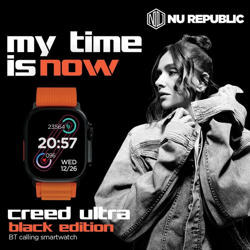 Nu Republic Creed Ultra Smartwatch with 2.0" HD Display, BT Calling, Health Monitor & AI Voice Assistant with One Extra Strap (Black/Orange, Free Size)