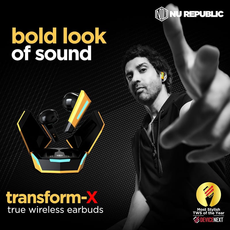 Nu Republic Transform-X Earphone, Earbuds Bluetooth Wireless with X-Bass, ENC Technology, 60 Hrs Playtime, TWS with Mic and Hall Sensor, Fast Charge, Dual Mode - Yellow