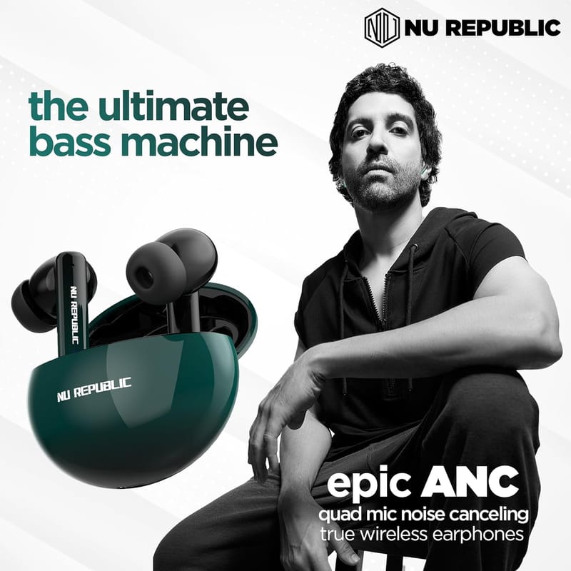 Nu Republic Epic ANC Earphone Earbuds Bluetooth Wireless with X-Bass Upto 64 hrs Playtime ANC + ENC Quad Mic Type-C Fast Charging Dual Mode (Game/Music)- Green