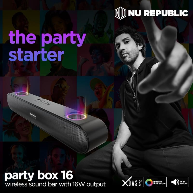 Nu Republic Party Box 16 Bluetooth Speaker, Soundbar with X-Bass Technology, Upto 10 Hrs Playtime, Multiple RGB LED Lights, 16 W Output (Black, 2.0 Channel)