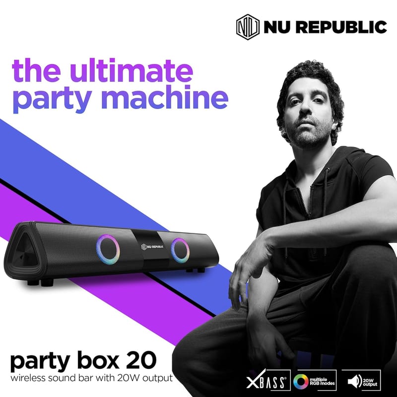 Nu Republic Party Box 20 Bluetooth Soundbar with X-Bass Technology, 52mm Dynamic Drivers, Upto 16 Hrs Playtime, Multiple RGB LED Lights, 20 W Output (Black, 2.0 Channel)