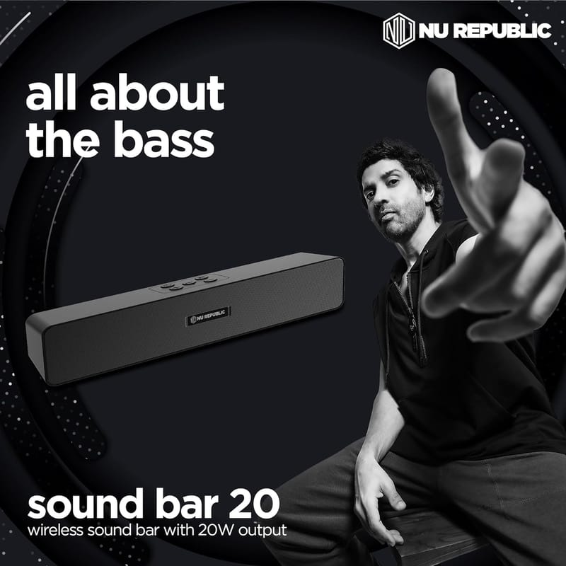 Nu Republic Soundbar 20 Bluetooth Soundbar with X-Bass Technology, 52mm Dynamic Drivers, Upto 12 Hrs Playtime, 20 W Output, Aux/USB Port (5.0 Channel) (Black)