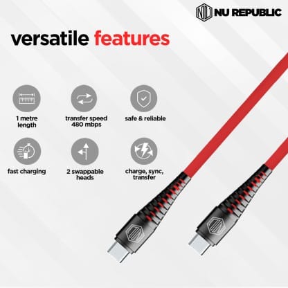 Nu Republic USB Type C Cable 1 m Blaze Supersonic 65W Type-C to Type-C Fast Charge Cable  (Compatible with Mobile, Tablet, Laptop, Red, One Cable)