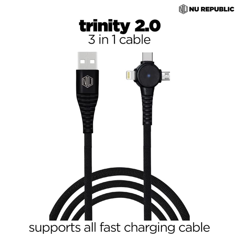 Nu Republic Blaze Trinity 2.0 3-in-one USB Type C Cable 1 m USB-A to Type-C + MicroUSB + Type-L Fast Charge Cable (Compatible with Mobile, Tablet, Laptop, Black, One Cable)