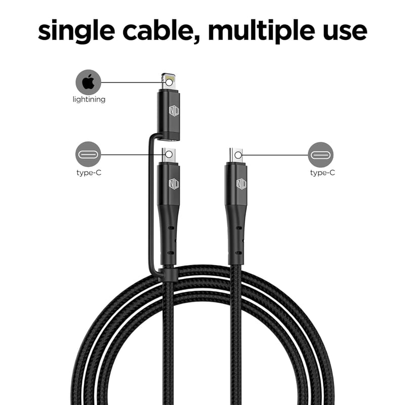 Nu Republic Blaze Duo 80W 2-in-one 1.2 m Type-C to Type-C + Type-L Fast Charge Braided Cable (Compatible with Mobile, Tablet, Laptop, Speakers, Black, One Cable)