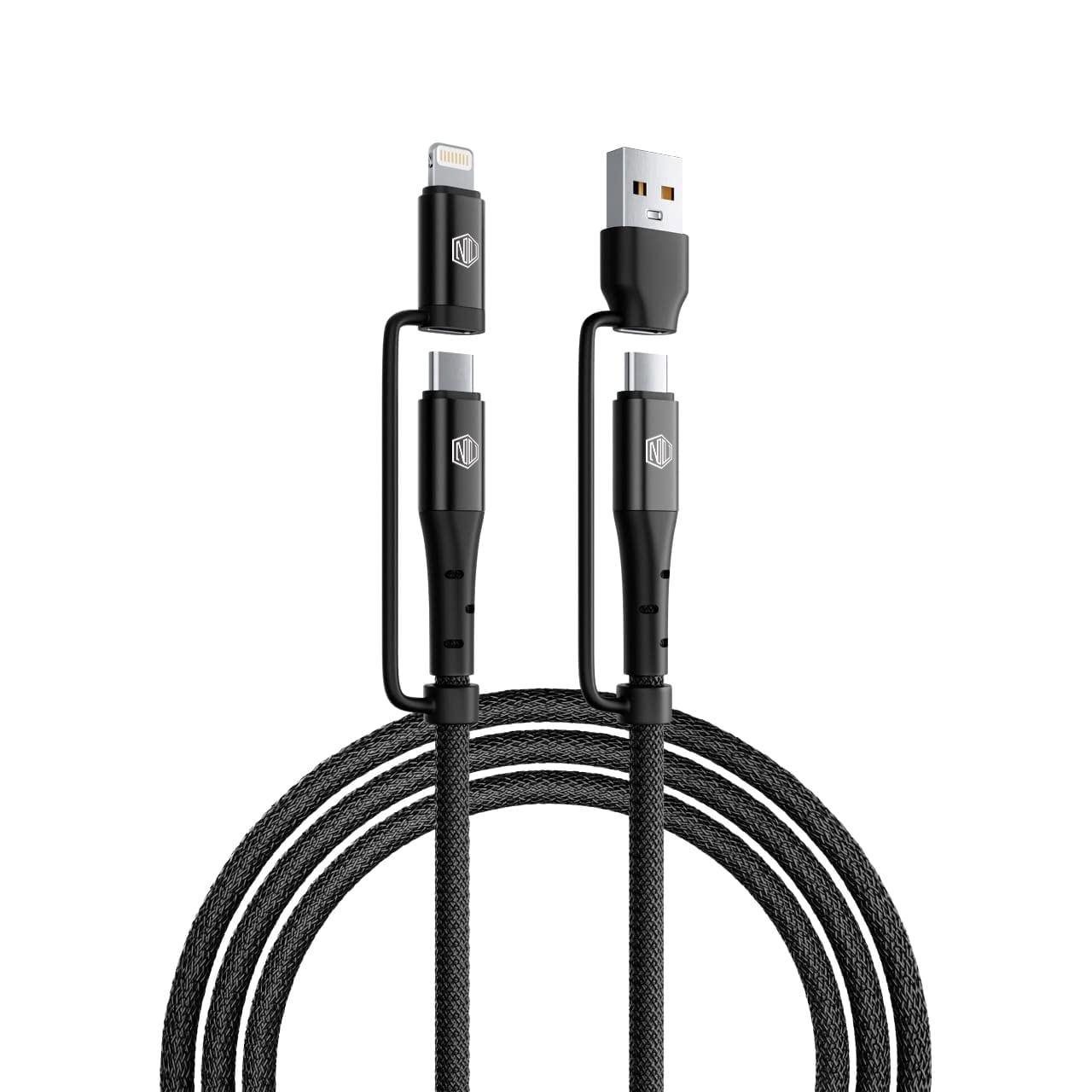 Nu Republic Blaze Quad 100W 4-in-one 1.2 m USB-A to Type-C to Type-C + Type-L Fast Charge Braided Cable (Compatible with Mobile, Tablet, Laptop, Speakers, Black, One Cable)