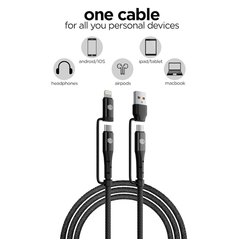 Nu Republic Blaze Quad 100W 4-in-one 1.2 m USB-A to Type-C to Type-C + Type-L Fast Charge Braided Cable (Compatible with Mobile, Tablet, Laptop, Speakers, Black, One Cable)