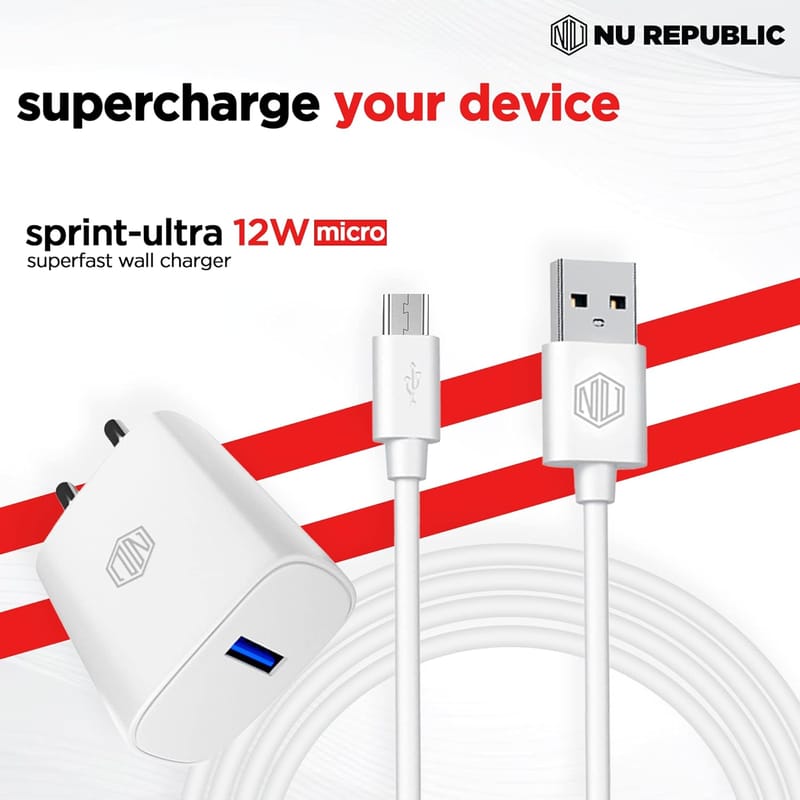 Nu Republic Sprint Ultra 12W Superfast Wall Charger Adapter with Cable Micro USB to USB-A, (White)