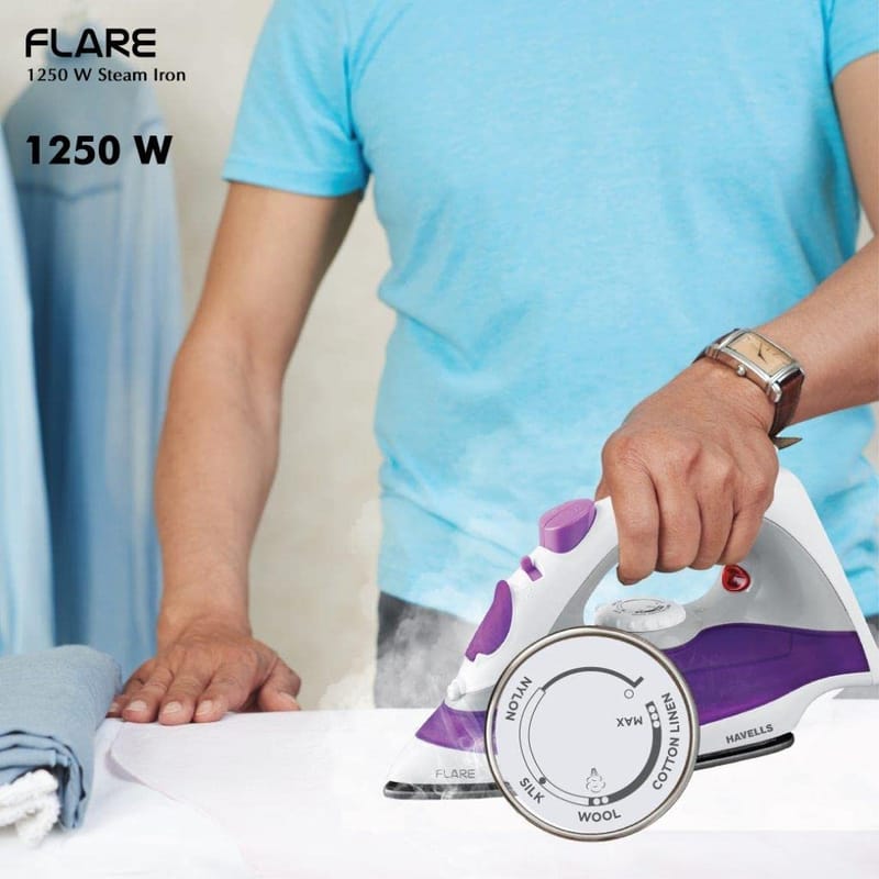 HAVELLS Flare 1250 W Steam Iron with Teflon Coated Sole Plate, Vertical & Horizontal Ironing & 2 Years Warranty. (Purple)