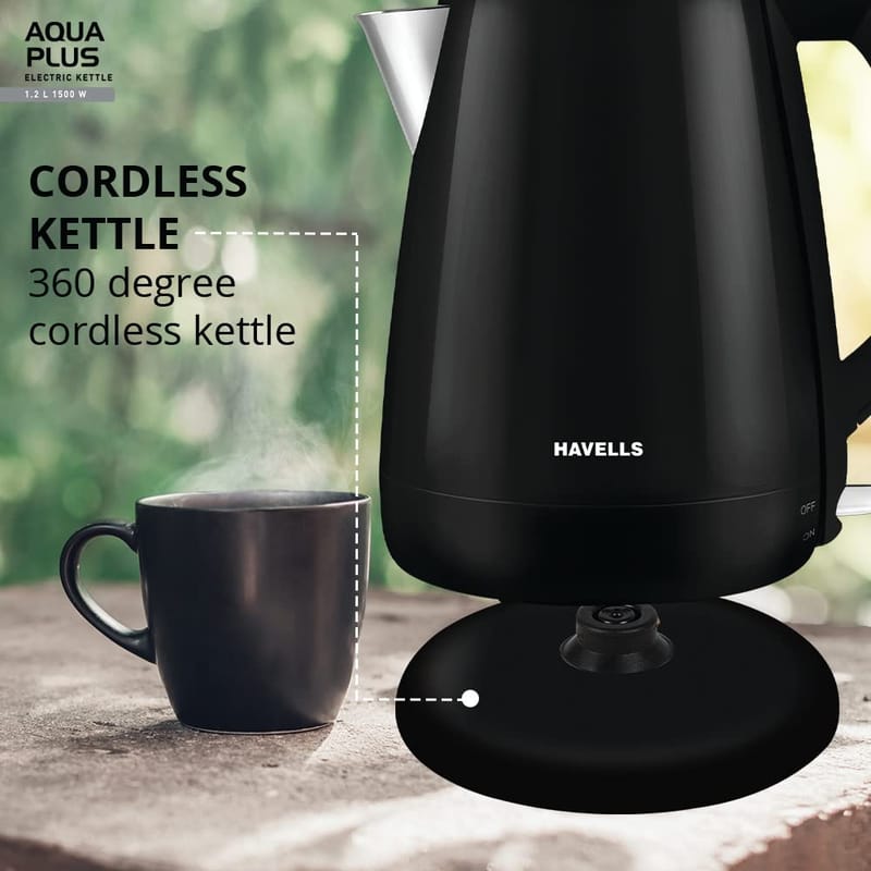 Havells AQUA PLUS 1500W 1.2L Electric Kettle, Double Layered Cool Touch Outer Body | 304 Rust Resistant SS Inner Body with Auto Shut Off | Wider Mouth | 2 Year Warranty (Black)