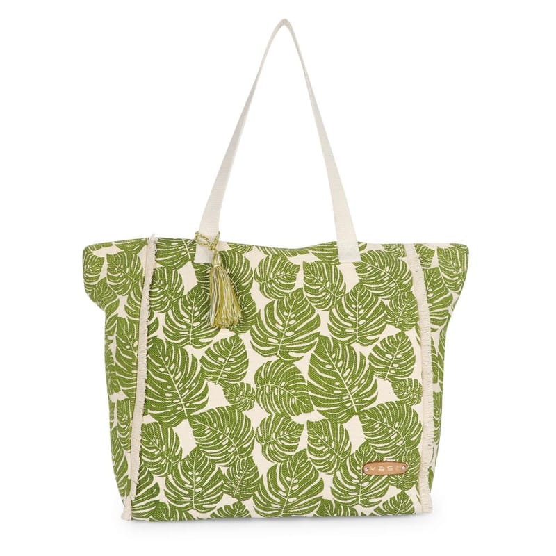 VASA Leaf Printed Zip-Top Closure Tote Bag With Fringes Lace