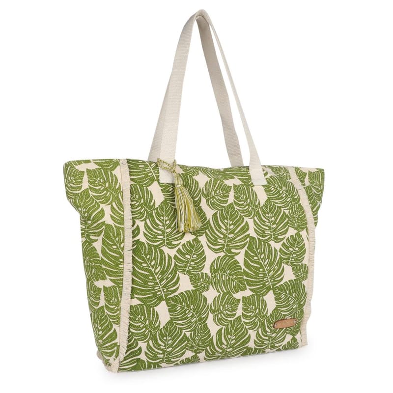 VASA Leaf Printed Zip-Top Closure Tote Bag With Fringes Lace