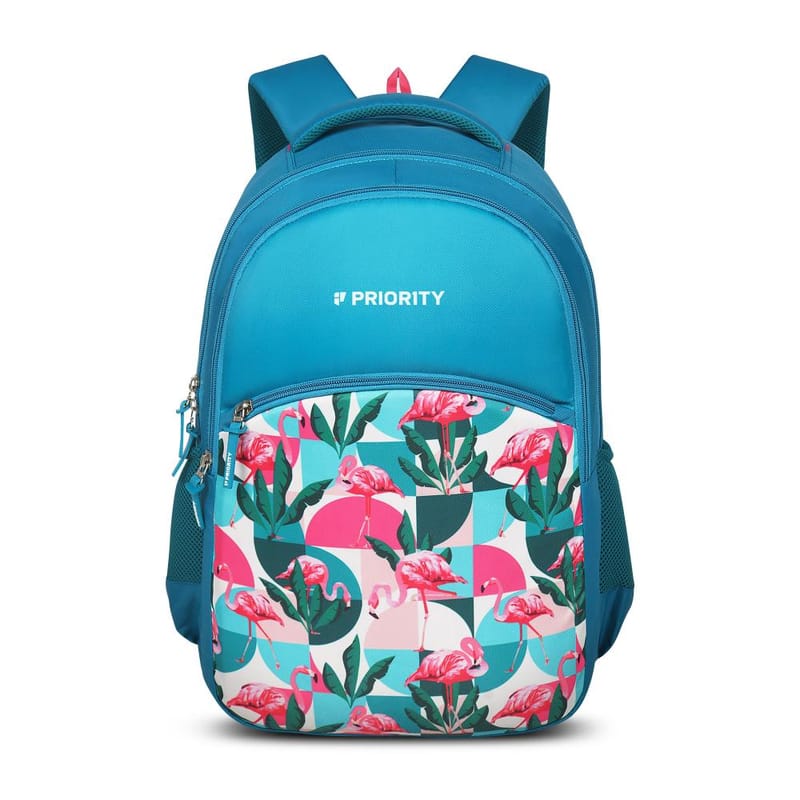 Priority Flamingo Printed Turquoise Blue Polyester College Backpack For Unisex | Stylish Office Bag For Men & Women