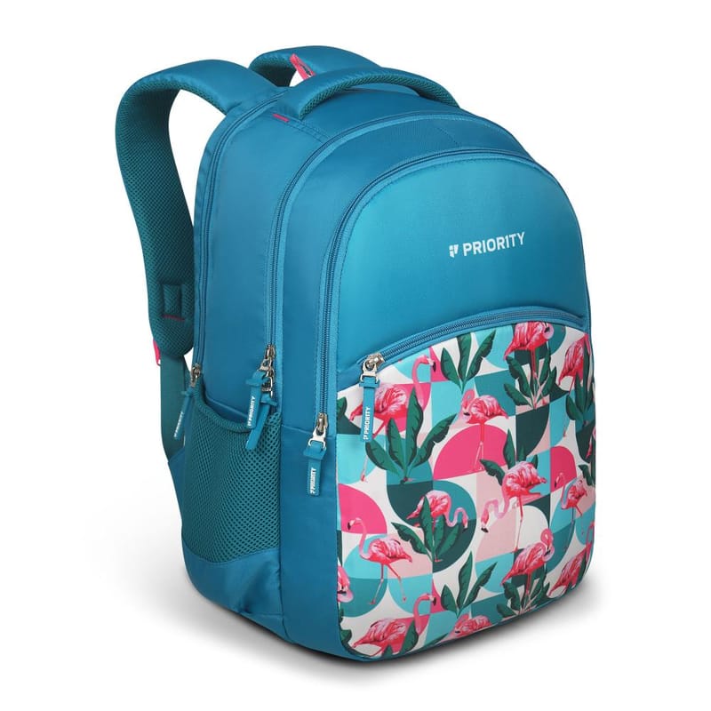 Priority Flamingo Printed Turquoise Blue Polyester College Backpack For Unisex | Stylish Office Bag For Men & Women