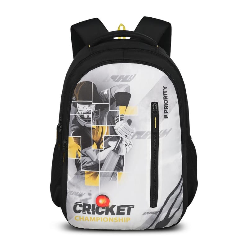 Priority Cricket Player Printed Black Polyester College Backpack For Unisex | Stylish Office Bag For Men & Women