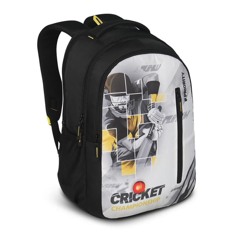 Priority Cricket Player Printed Black Polyester College Backpack For Unisex | Stylish Office Bag For Men & Women