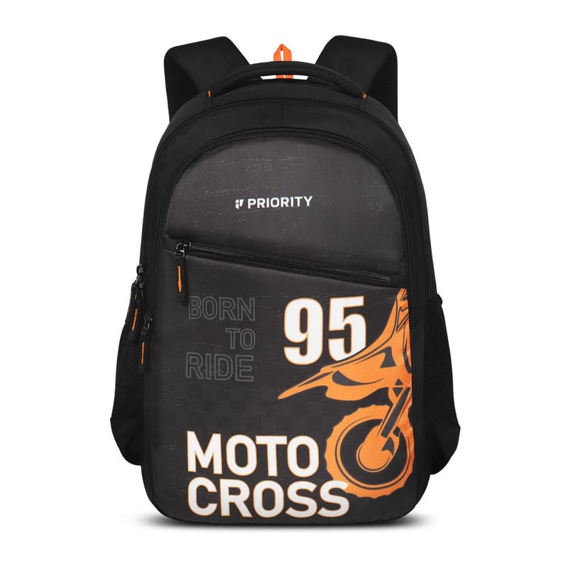 Priority Moto Cross Printed Black Polyester College Backpack For Unisex | Stylish Office Bag For Men & Women