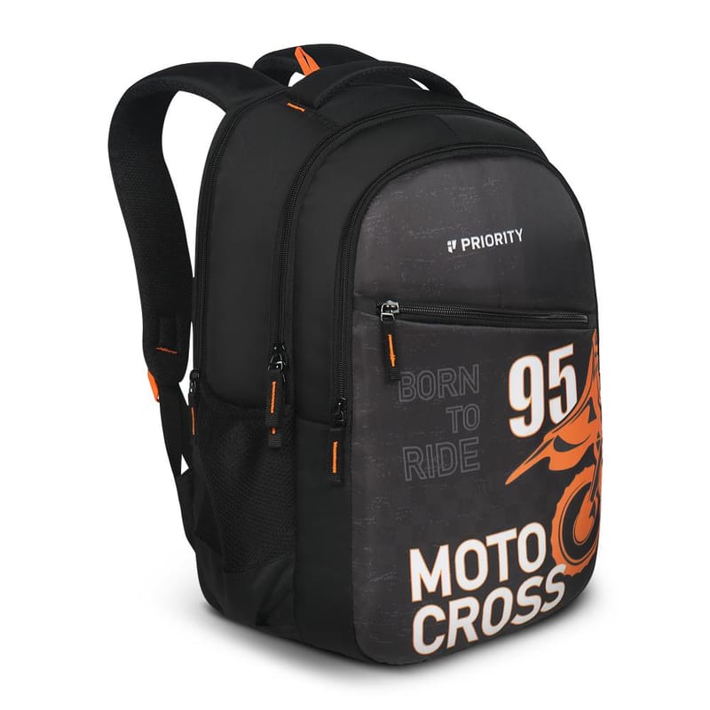 Priority Moto Cross Printed Black Polyester College Backpack For Unisex | Stylish Office Bag For Men & Women