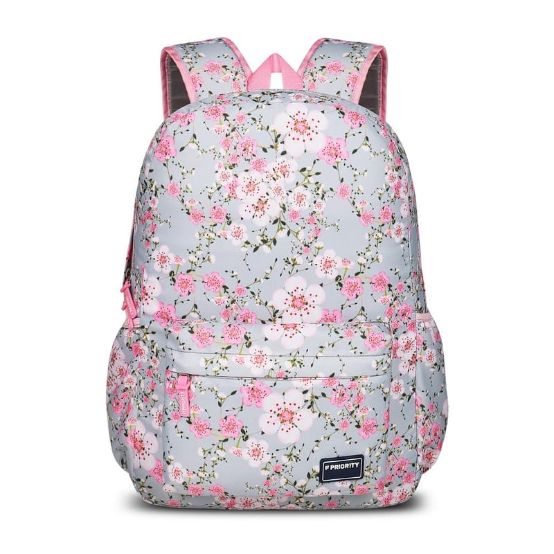 Priority Flower Printed Light Grey Polyester College Backpack For Unisex | Stylish Office Bag For Men & Women