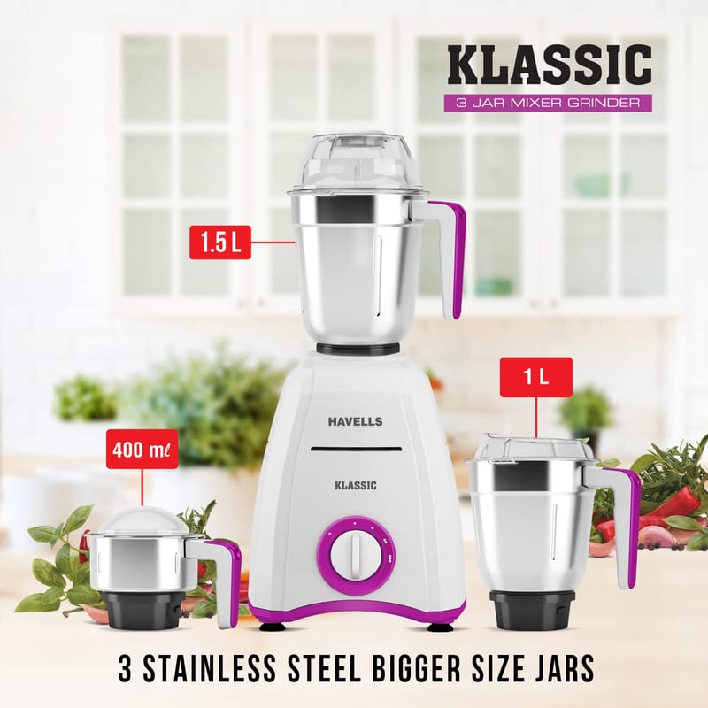 Havells Klassic 750 watts 3 Jar Mixer Grinder with 304 SS Blades, Large Size SS Jars, Break Resistant Polycarbonate Transparent Jar Lids With Twist & Lock Mechanism