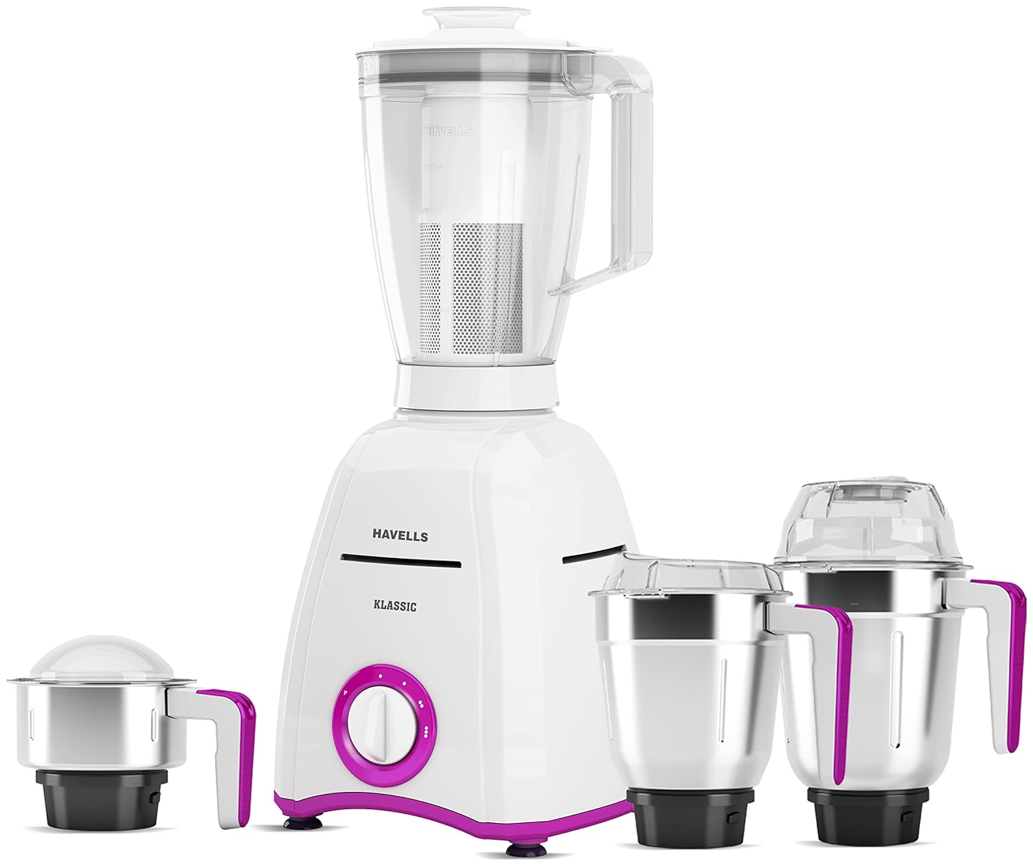 Havells Klassic 750 watts 4 Jar Mixer Grinder with 304 SS Blades, Large Size SS Jars, Break Resistant Polycarbonate Transparent Jar Lids With Twist & Lock Mechanism