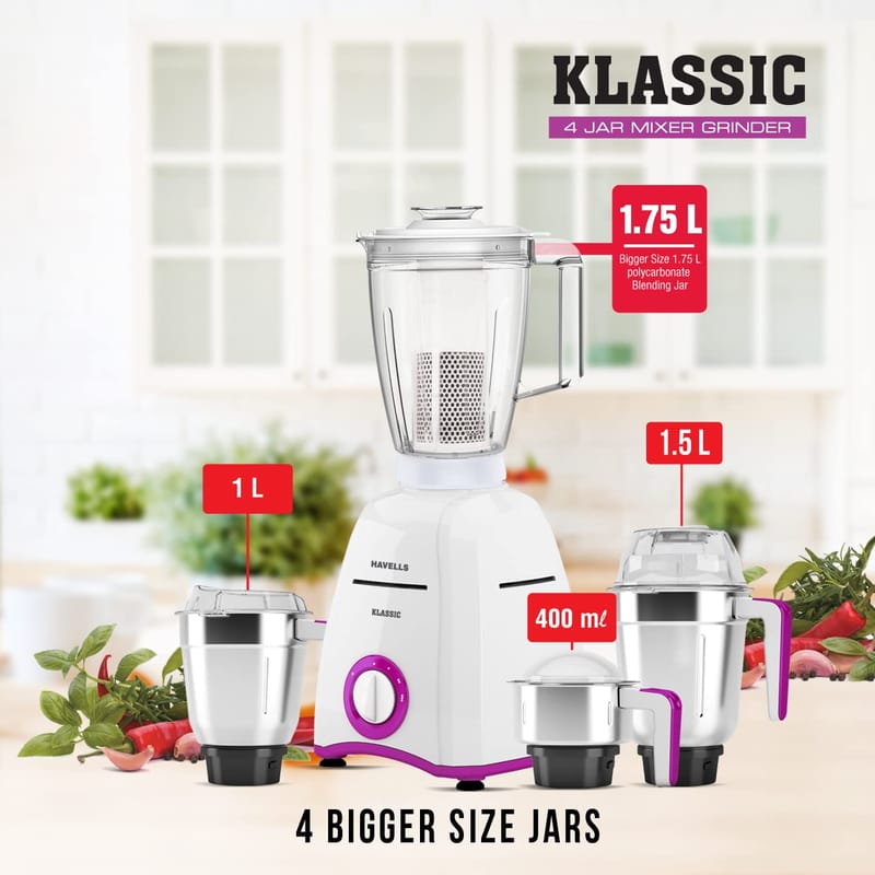 Havells Klassic 750 watts 4 Jar Mixer Grinder with 304 SS Blades, Large Size SS Jars, Break Resistant Polycarbonate Transparent Jar Lids With Twist & Lock Mechanism