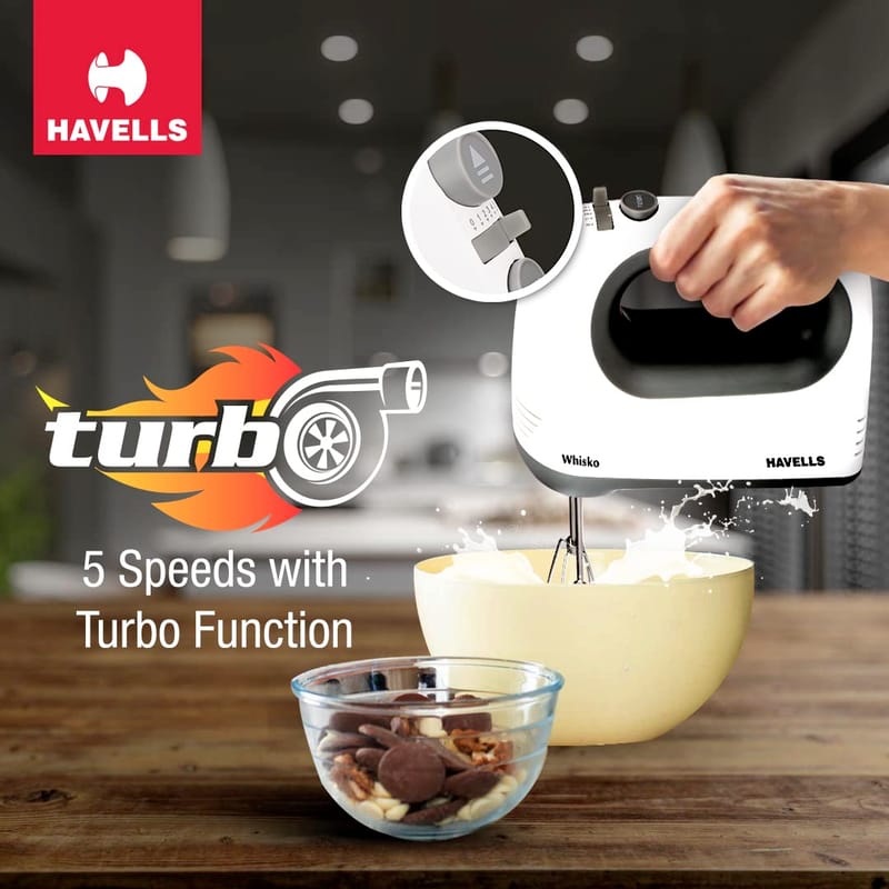 Havells Whisko 300 watt Hand Mixer with Single Eject Button, 5 Speed Turbo Function, Stainless Steel Hooks, 1.5m Long Cord, 1300 RPM & 2 Years Warranty (White Grey)