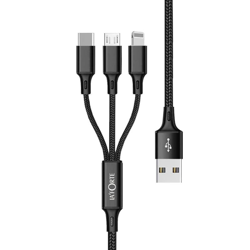 LA' FORTE 3 in 1 Premium Nylon Braided and Superior 1.2 m- (Compatible with Micro USB, Type C, and Iphone  White, One Pcs)