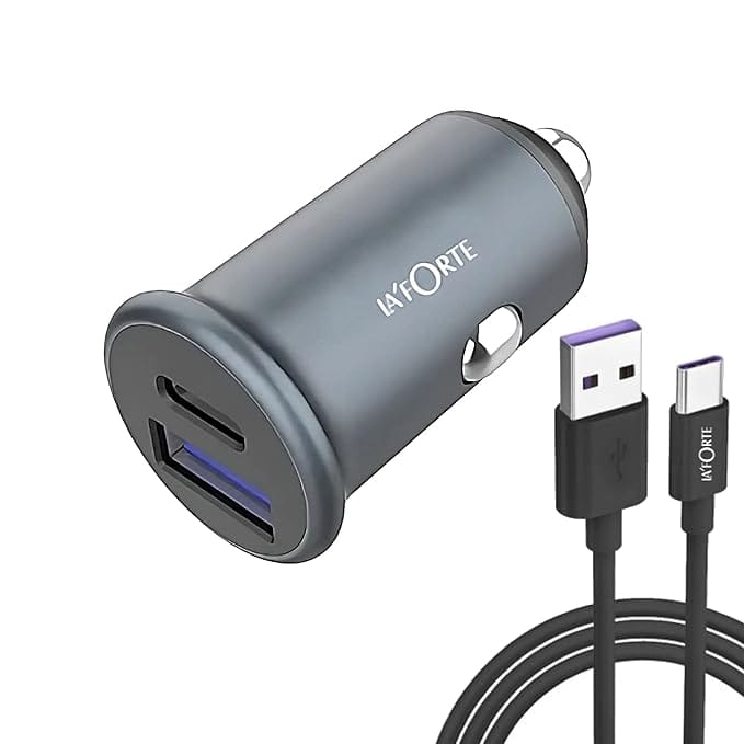 La' Forte Mobile Dual Port Car Charger QCPD Ultra Fast Charging C type Cable