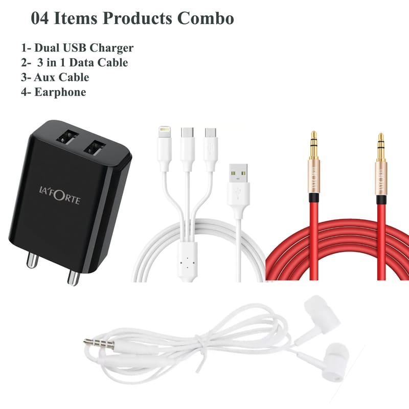 Mobile accessories combo ( 4 Products - Dual USB Charger, 3 in 1 cable, Earphone and Aux Cable