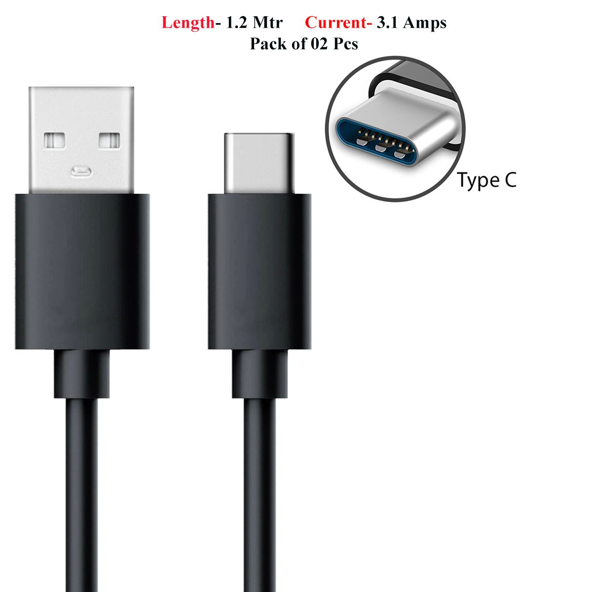 USB Type-A to USB Type-C 2.0 Charger Cable 1.2 M, Black (Pack of 02 Pcs)