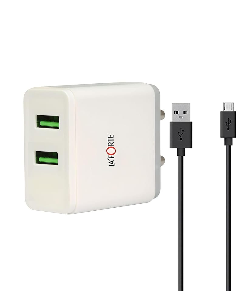 LA' FORTE Dual USB Wall Charger Fast Charging Power Adaptor with Micro USB Cable 2.1 A (Random Color - Black or White)