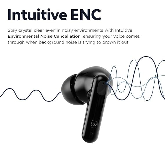 Wobble Beans E27 in Ear TWS Intuitive ENC Earbuds with 12mm Driver, Quad Mics, Low Latency Gaming, IP55 Rated, BT v5.3, Touch & Voice Controls, Playback Upto 35hrs - Black