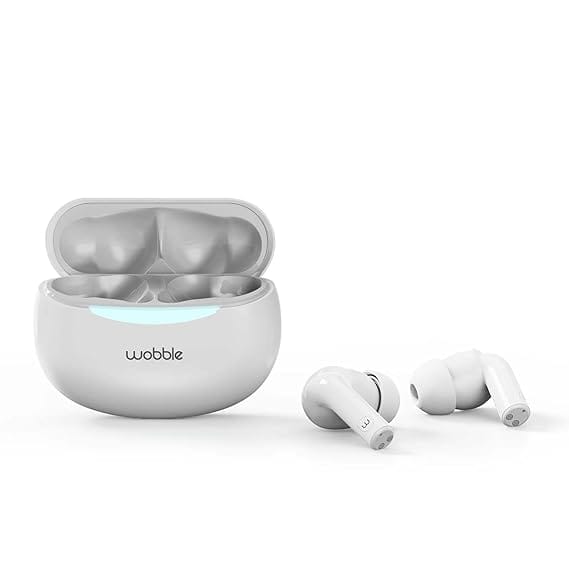 Wobble Beans A77 TWS ANC in Ear Earbuds, 12mm Driver, Quad Mics, D.A.T chip, 360° Surround Sound, Low Latency Gaming, IP55 Rated, Touch & Voice Controls, Playback Upto 30h, Dual Connectivity - White