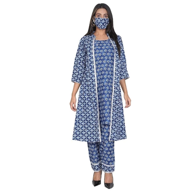 Soulful Threads Women Cotton With Gotta Work Jacket A-Line Long Kurti Set And Face Mask-St-Indjkk-2Xl