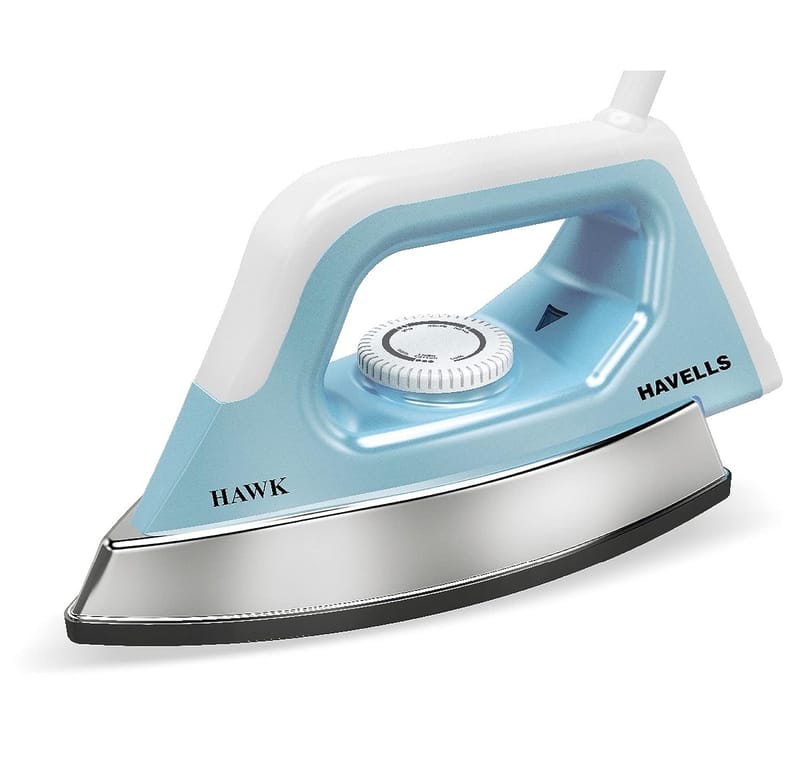 Havells Hawk 1100 watt Heavy Weight Dry Iron With American Heritage Non Stick Sole Plate, Aerodynamic Design, Easy Grip Temperature Knob (Blue, White)