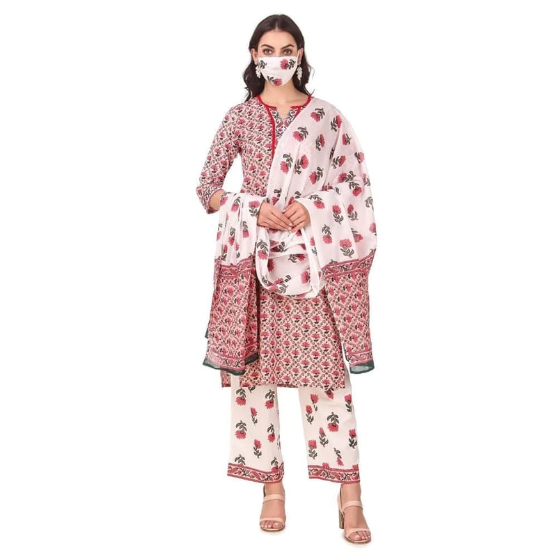 Soulful Threads Women Straight Pink Floral Kurta With Palazzo, Dupatta & Free Mask | Readymade Stitched-St-Pfkwpd-2Xl