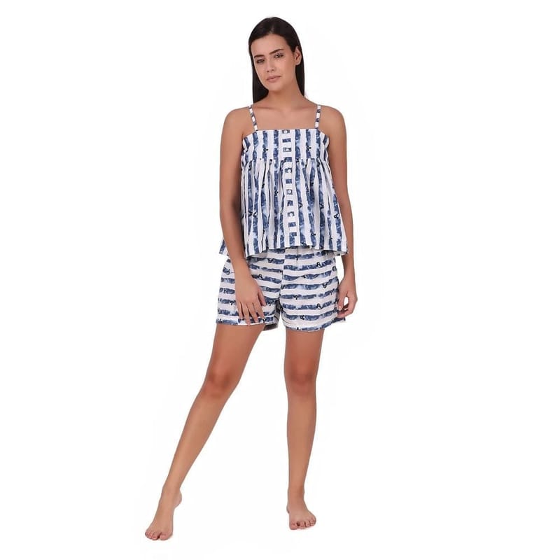 Soulful Threads Women Blue & White Spaghetti Top And Shorts Cotton Sleep Set- St152957-2Xl