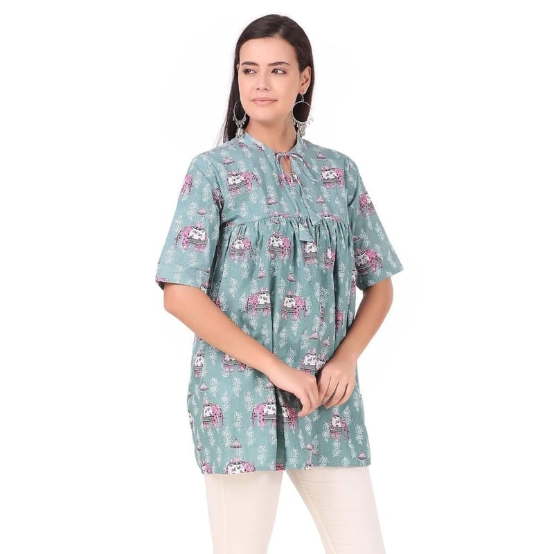 Soulful Threads Women Powder Blue Printed Cotton Kurti- St152962-2Xl